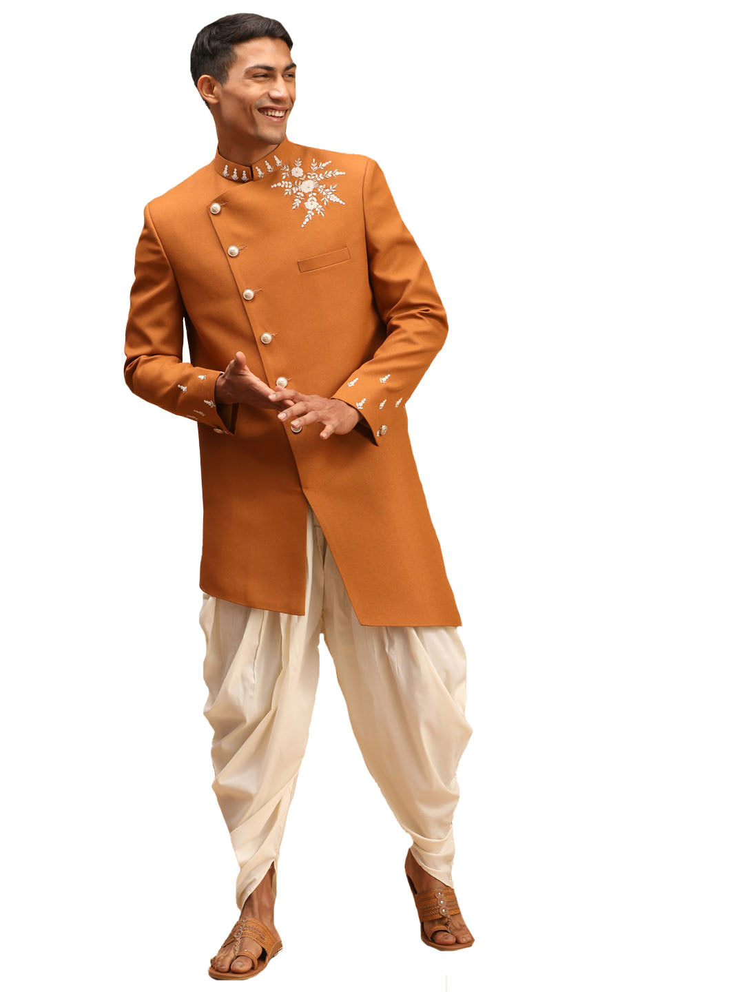 Men's Mustard And Cream Silk Sherwani Set - Shrestha By Vastramay