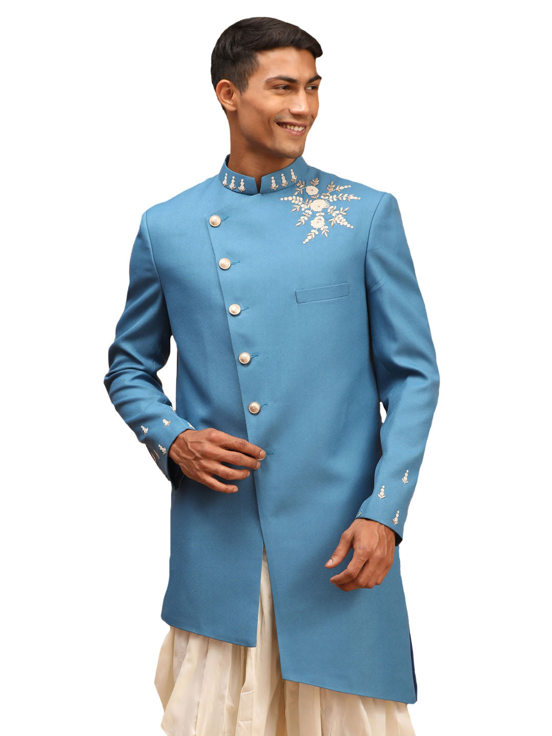 Men's Turquoise Silk Sherwani Only Top - Shrestha By Vastramay