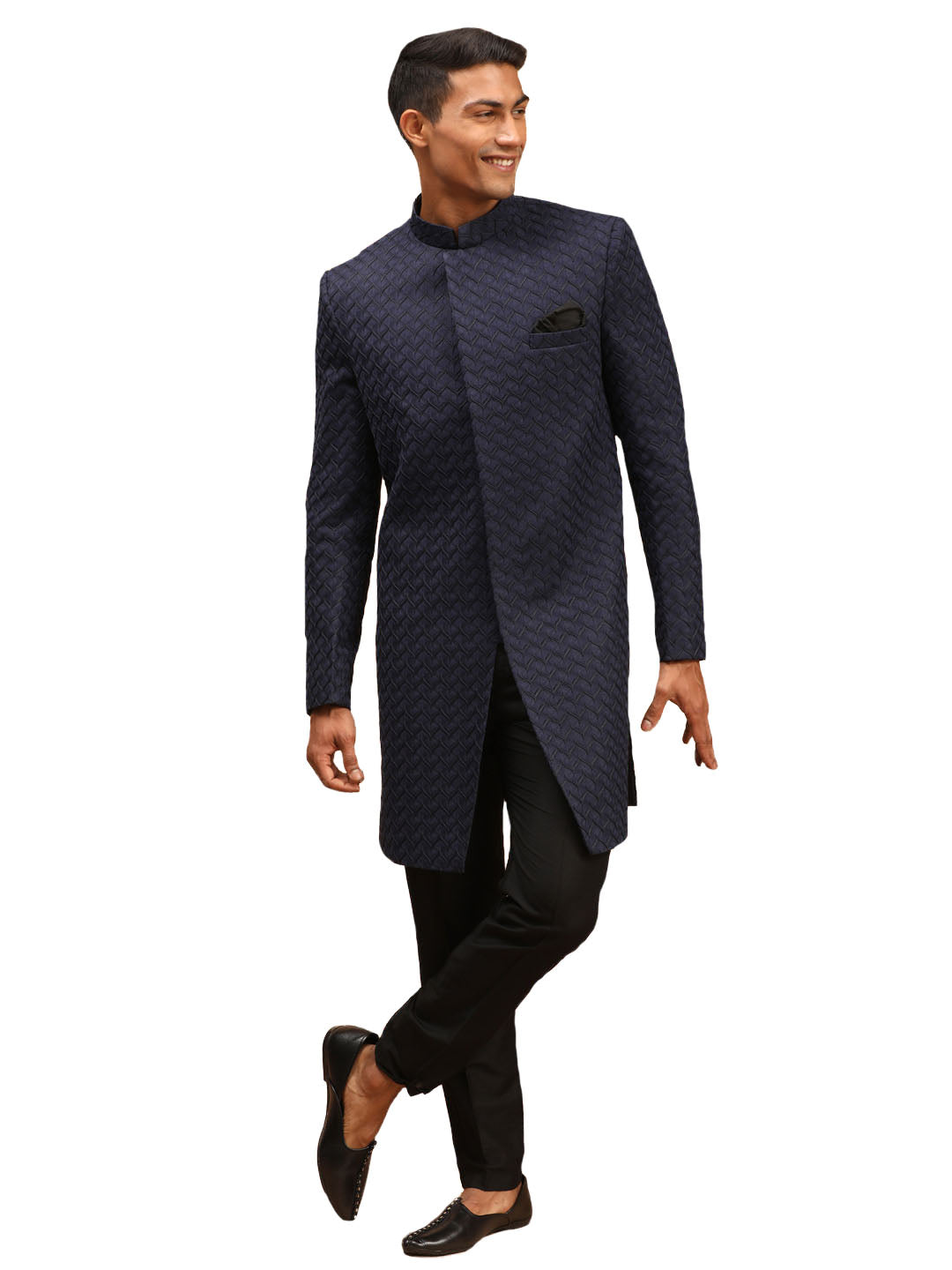 Men's Navy Blue And Black Silk Sherwani Set - Shrestha By Vastramay