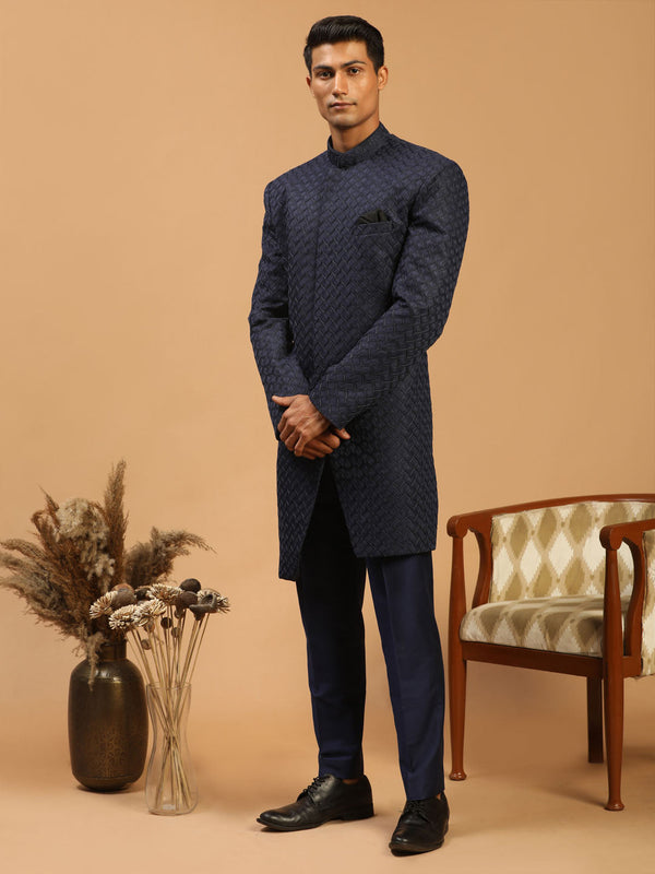 Jashvi Men's Navy Blue Jacquard Sherwani Set