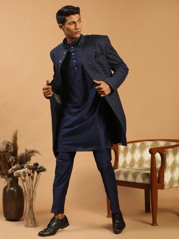 Jashvi Men's Navy Blue Jacquard Sherwani And Kurta Pant Set