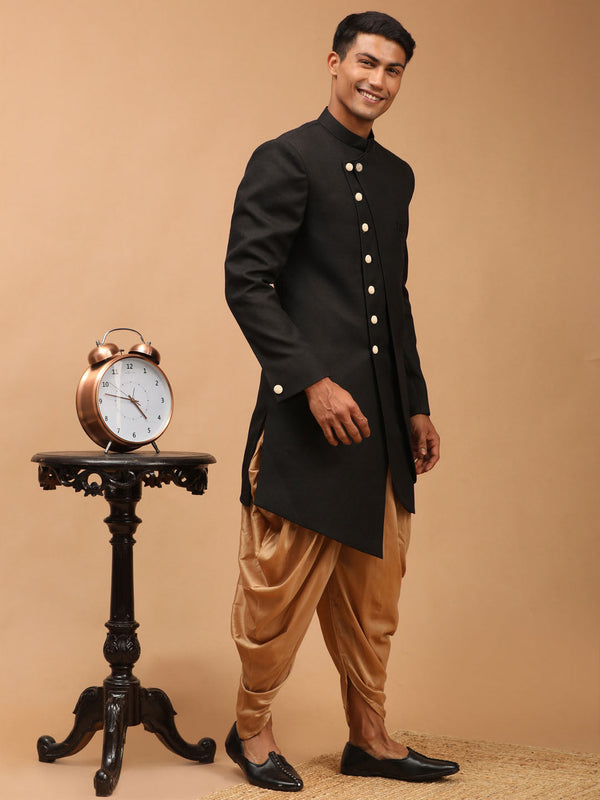 Jashvi Men's Black Cotton Blend Asymmetric Angrakha Indo Western With Rose Gold Dhoti Set