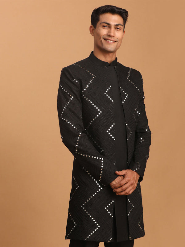 Jashvi Men's Black Mirror Indo Western Sherwani Only Top