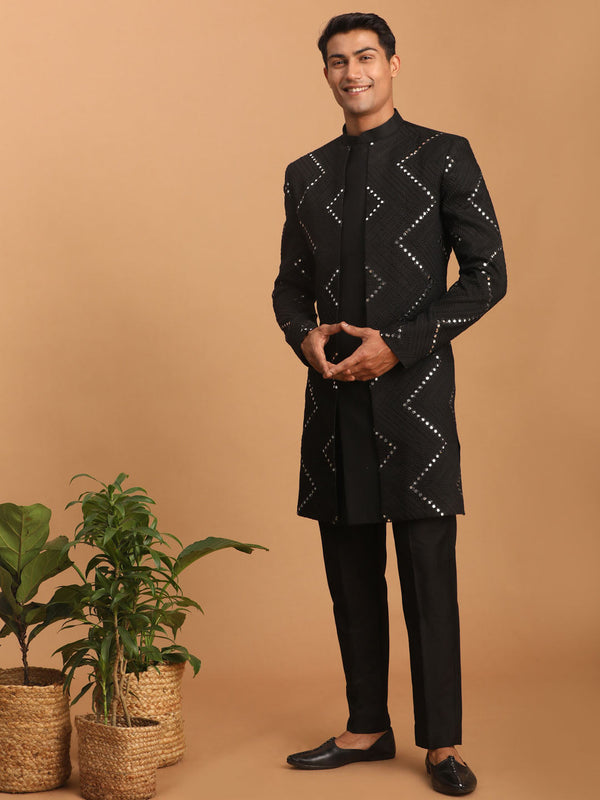 Jashvi Men's Black Mirror Indo Western Sherwani With Pant Set