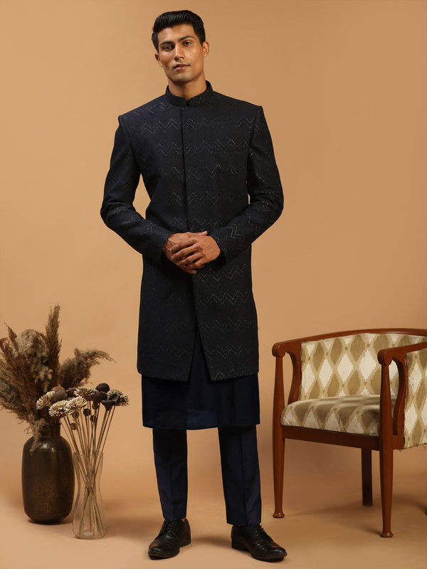 Jashvi Men's Navy Blue Glitter Indo Western Sherwani With Kurta Pant Set