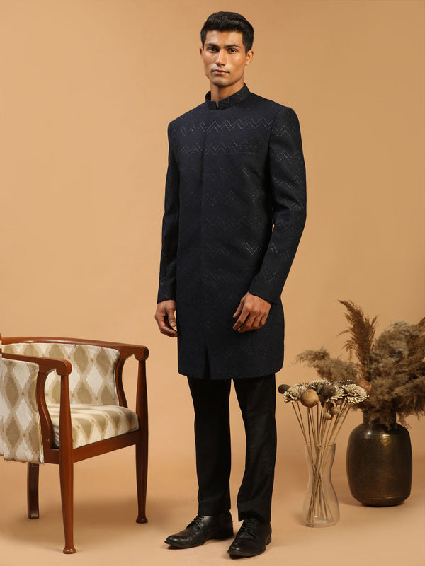 Jashvi Men's Navy Blue Glitter Indo Western Sherwani Set