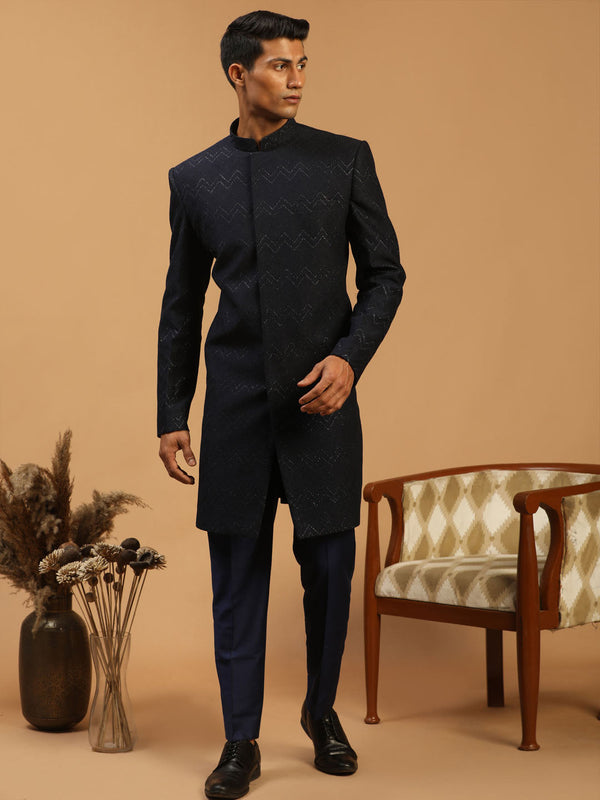 Jashvi Men's Navy Blue Glitter Indo Western Sherwani Set