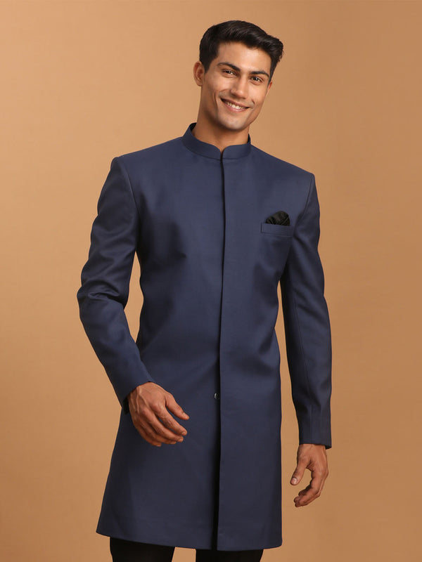 Jashvi Men's Navy Blue Solid Silk Blend Indo Western Only Top