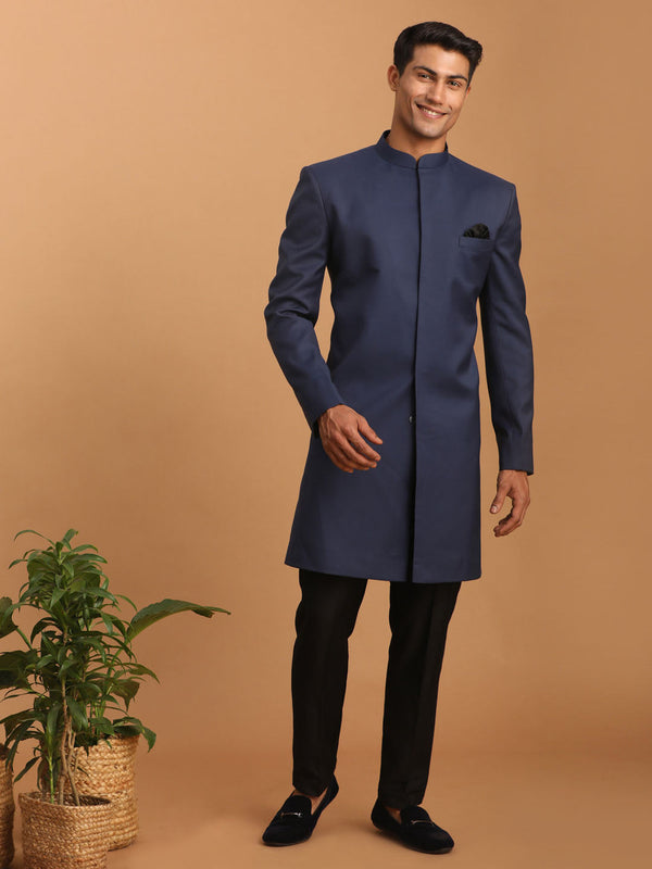 Jashvi Men's Navy Blue Solid Silk Blend Indo Western With Black Pant Set