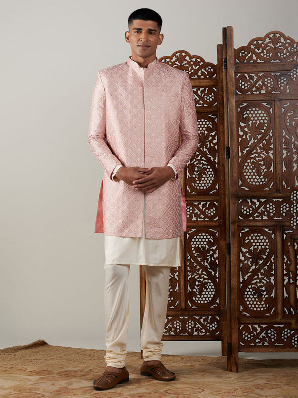 Jashvi Men's Peach Sequined Indo Western Sherwani With Kurta Pyjama Set