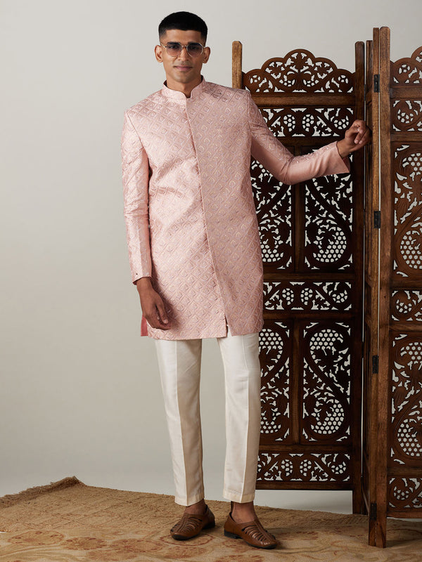 Jashvi Men's Peach Sequined Indo Western Sherwani Set