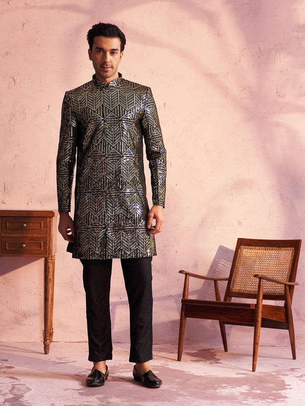 Jashvi Men's Black Georgette Embellished Indo Set