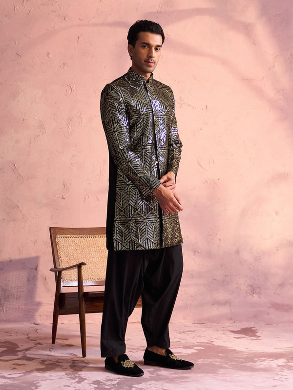 Jashvi Men's Black Georgette Embellished Indo Set