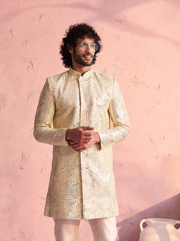 Jashvi Men's Cream Georgette Sherwani Only Top