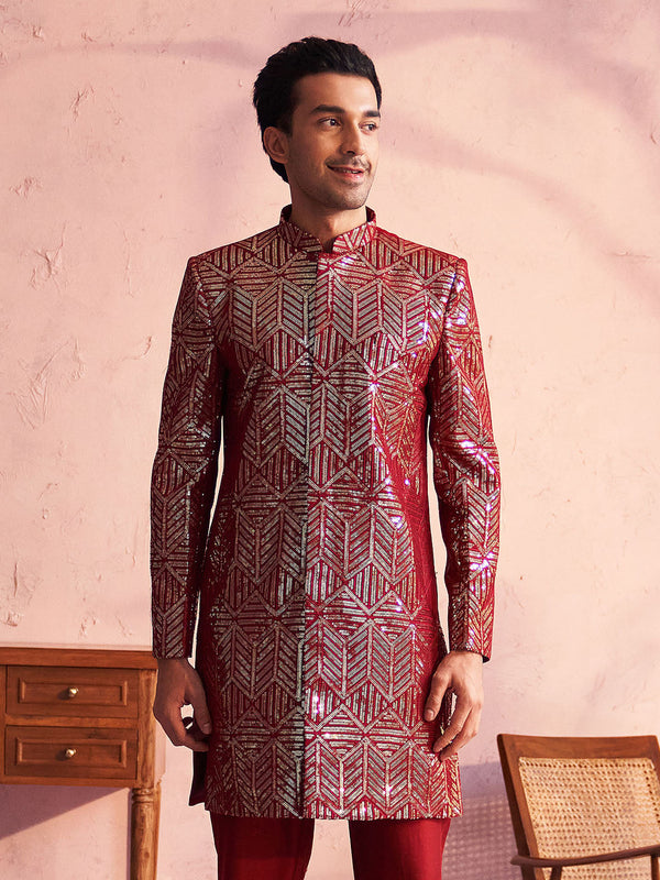 Jashvi Men's Maroon Georgette Sherwani Only Top