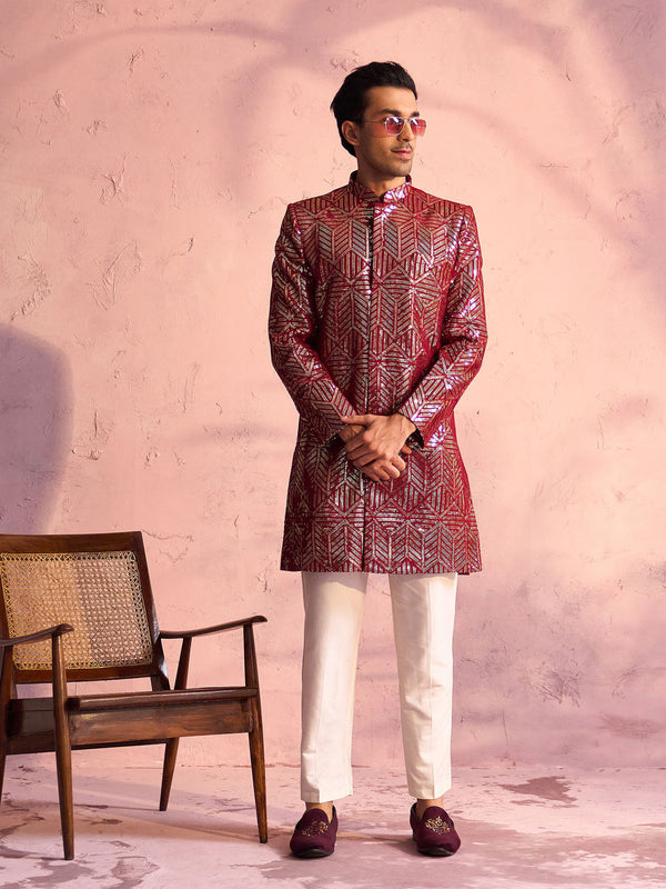 Jashvi Men's Maroon Georgette Embellished Indo Set