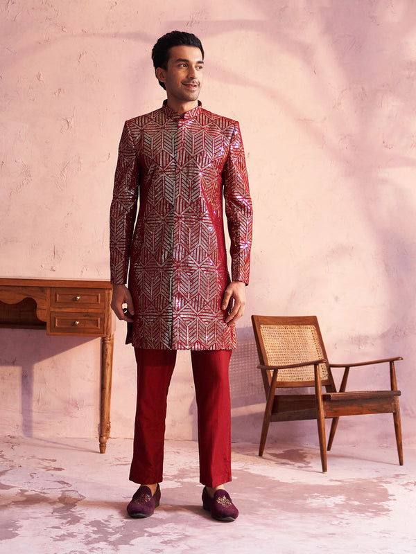 Jashvi Men's Maroon Georgette Embellished Indo Set