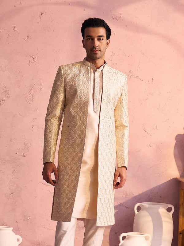 Jashvi Men's Beige Silk Blend Embroidered Indo Only Top