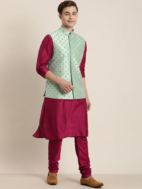 Jashvi Men's Light Green Nerhu Jacket With Dark Pink Kurta Pyjama Set