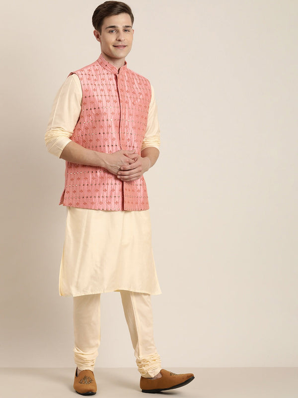 Jashvi Men's Beige Mirror Work Kurta with Churidar With Ethnic Jacket