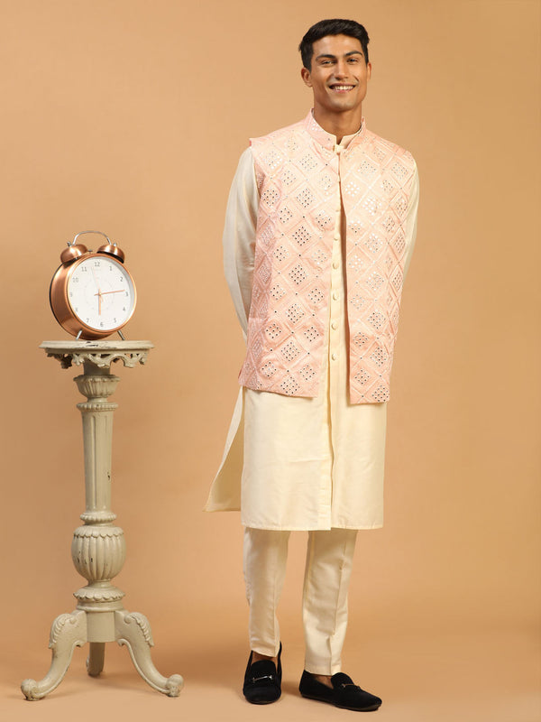 Jashvi Men's Pink Jacket With Kurta Pant Set