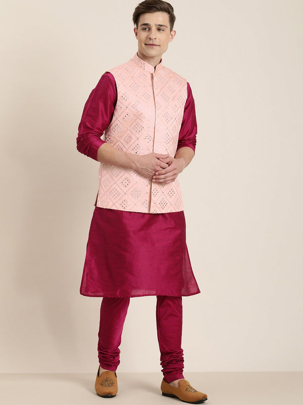 Jashvi Men's Fuchsia & Pink Solid Kurta with Churidar & Nehru Jacket