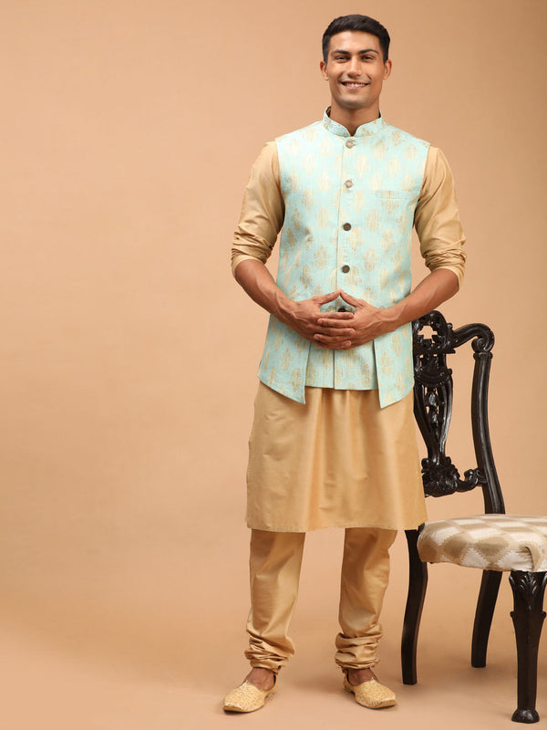 Jashvi Men's Green Woven Design Ethnic Jacket And Rose Gold Kurta And Pyjama Set