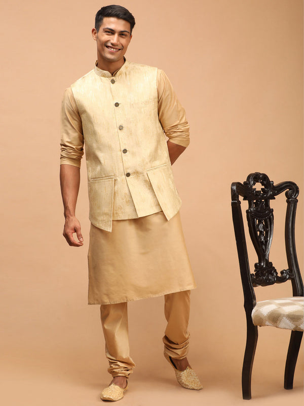 Jashvi Men's Gold Woven Design Flap Ethnic Jacket And Rose Gold Kurta And Pyjama Set