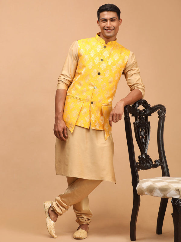 Jashvi Men's Yellow Woven Ethnic Jacket And Rose Gold Kurta And Pyjama Set