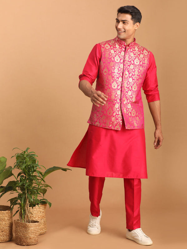 Jashvi Men's Pink Jacquard jacket With Solid Kurta And Pant Style Pyjama Set