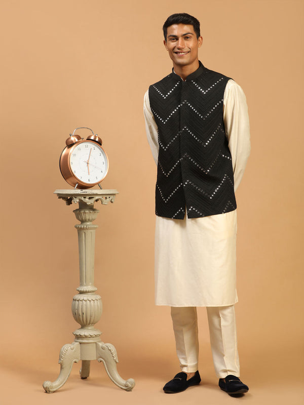 Jashvi Men's Black Mirror Jacket With Kurta Pant Set