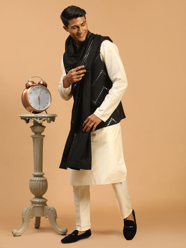 Jashvi Men's Black Mirror Jacket With Kurta Pant And Dupatta Set