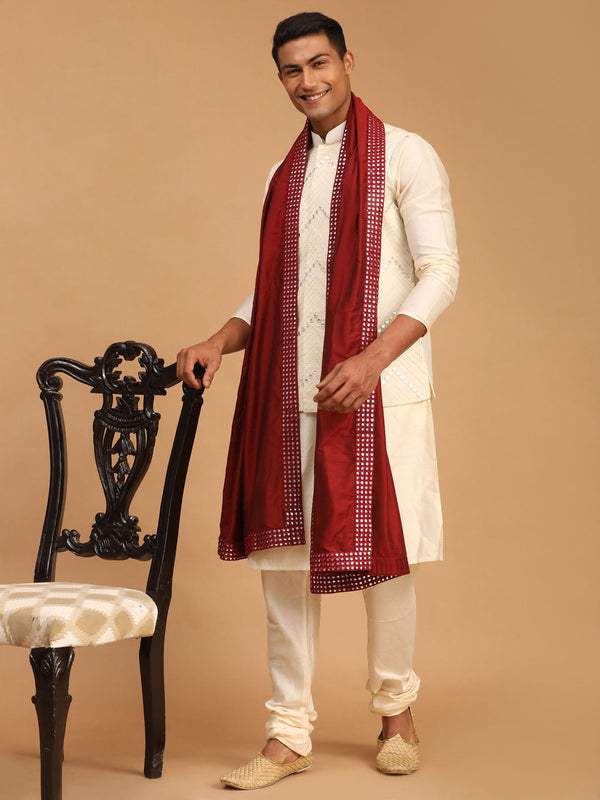 Jashvi Men's Cream Mirror Jacket With Kurta Pyjama And Dupatta Set