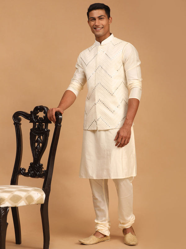 Jashvi Men's Cream Mirror Jacket With Kurta Pyjama Set