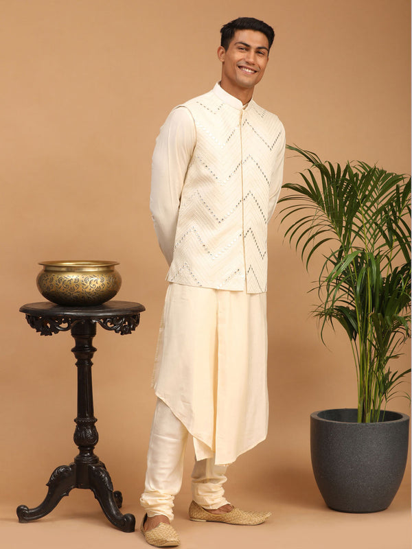 Jashvi Men's Cream Mirror Jacket With Pleated Kurta Pyjama Set