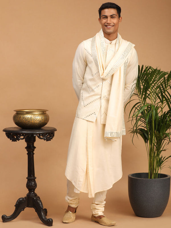 Jashvi Men's Cream Mirror Jacket With Pleated Kurta Pyjama And Dupatta Set