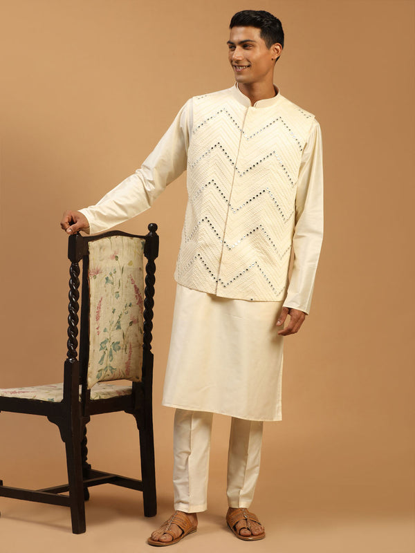 Jashvi Men's Cream Mirror Jacket With Kurta Pant Set