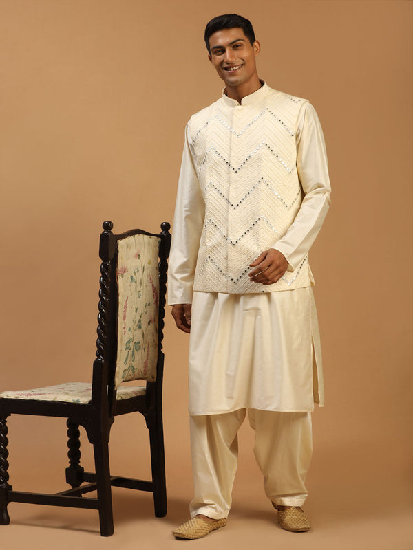 Jashvi Men's Cream Mirror Jacket With Kurta Patiala Set