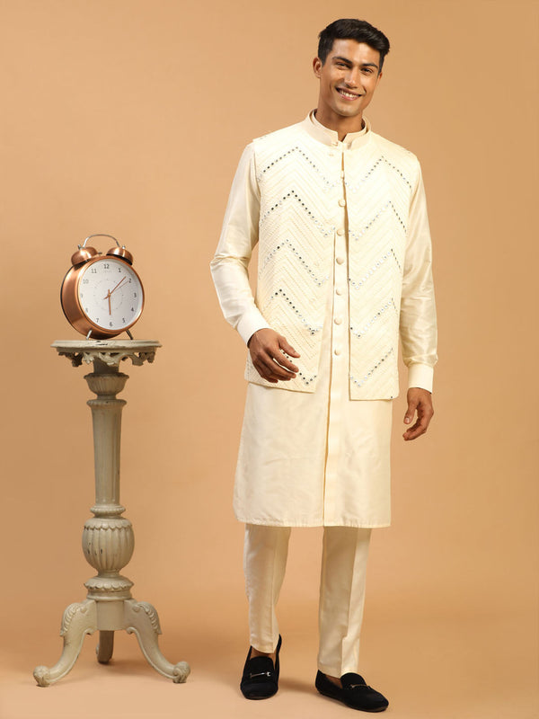 Jashvi Men's Cream Mirror Jacket With Front Open Kurta Pyjama Set