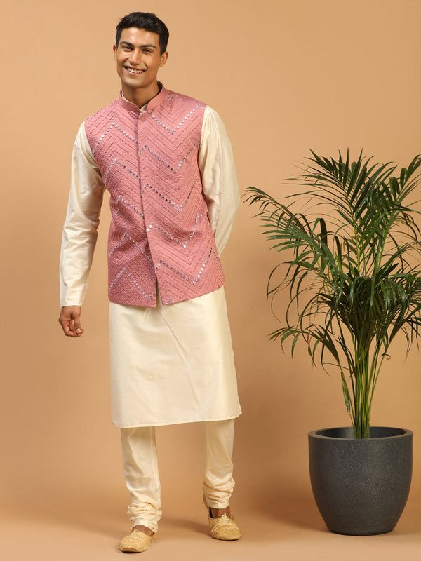 Jashvi Men's Onion Pink Mirror Jacket With Kurta Pyjama Set