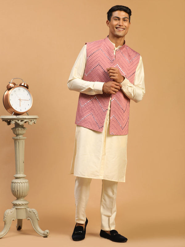 Jashvi Men's Pink Mirror Jacket With Front Open Kurta Pant Set