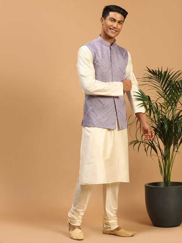 Jashvi Men's Purple Mirror Jacket With Kurta Pyjama Set