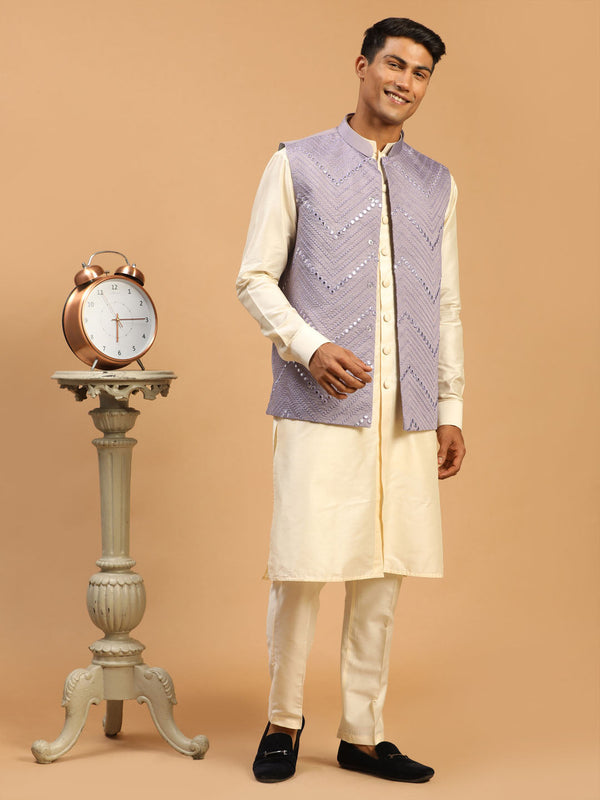 Jashvi Men's Purple Mirror Jacket With Front Open Kurta Pant Set