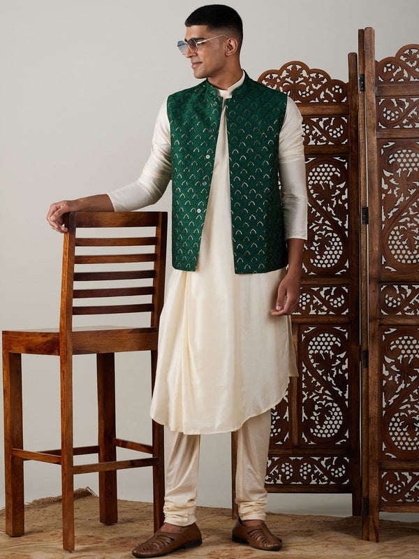 Jashvi Men's Green Jacket Pleated Kurta with Pyjama Set