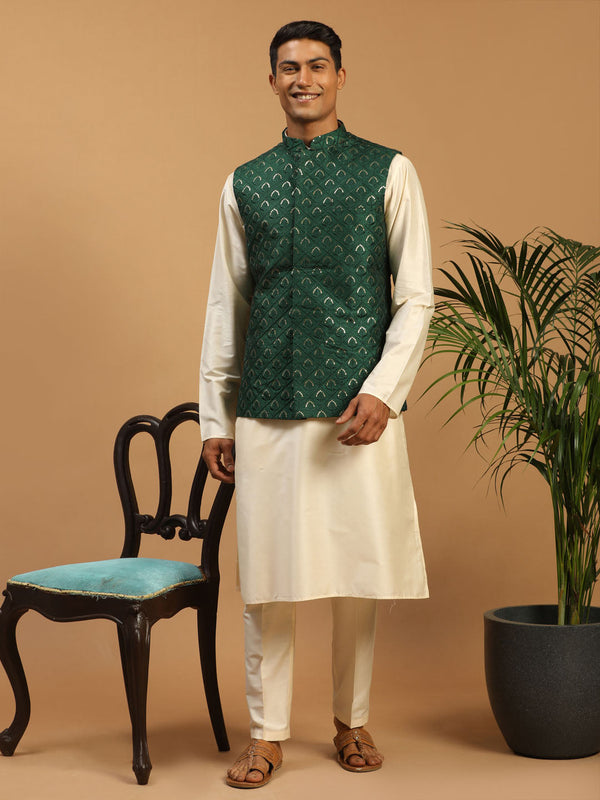 Jashvi Men's Green Embellished Jacket And Cream Kurta Pant Set