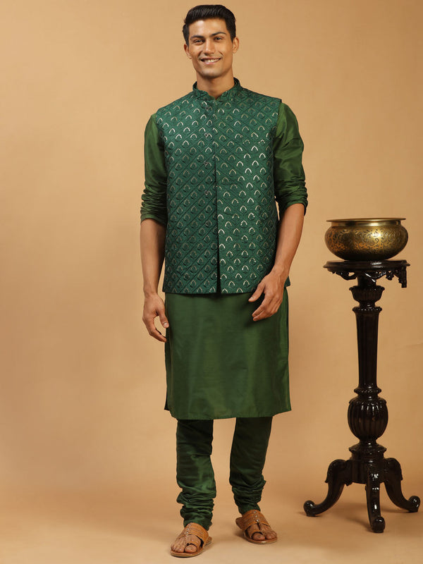 Jashvi Men's Green Embellished Jacket And Green Kurta Churidar Set