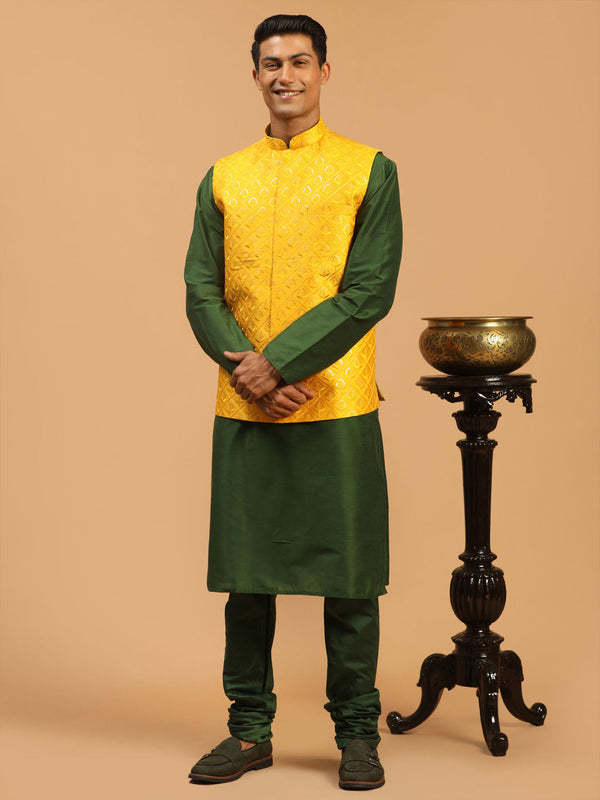 Jashvi Men's Yellow Embellished Ethnic Nehru Jacket with Kurta Pyjama Set