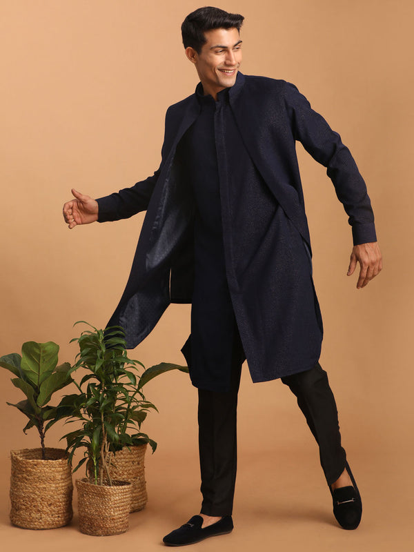 Jashvi Men's Navy Blue Printed Jacket Kurta Pant Set