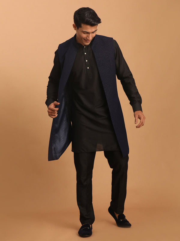 Jashvi Men's Navy Blue Dot Glitter Printed Jacket With Black Silk Blend Curved Hem Kurta And Pant Set