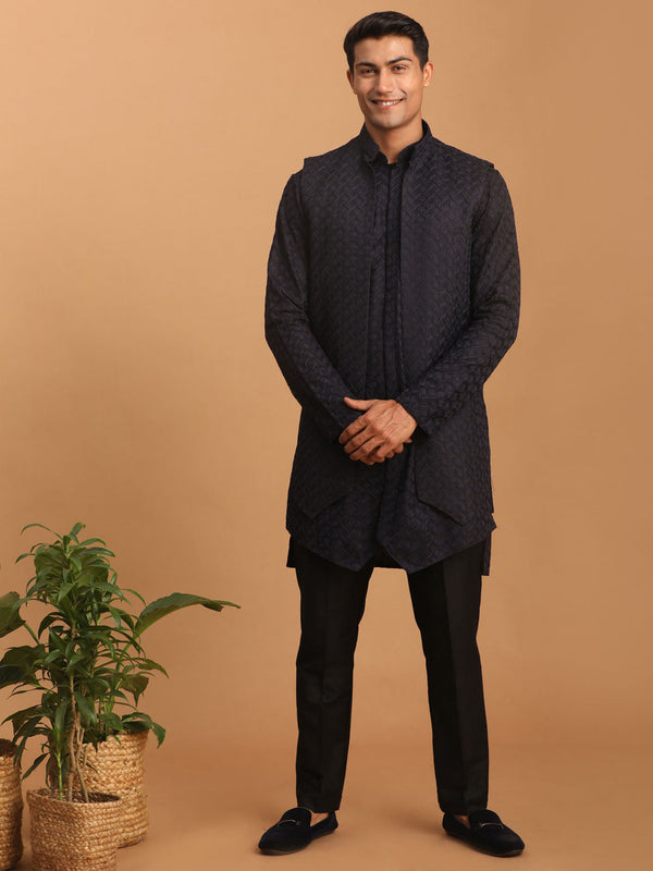 Jashvi Men's Navy Blue Jacket With Kurta Pant Set